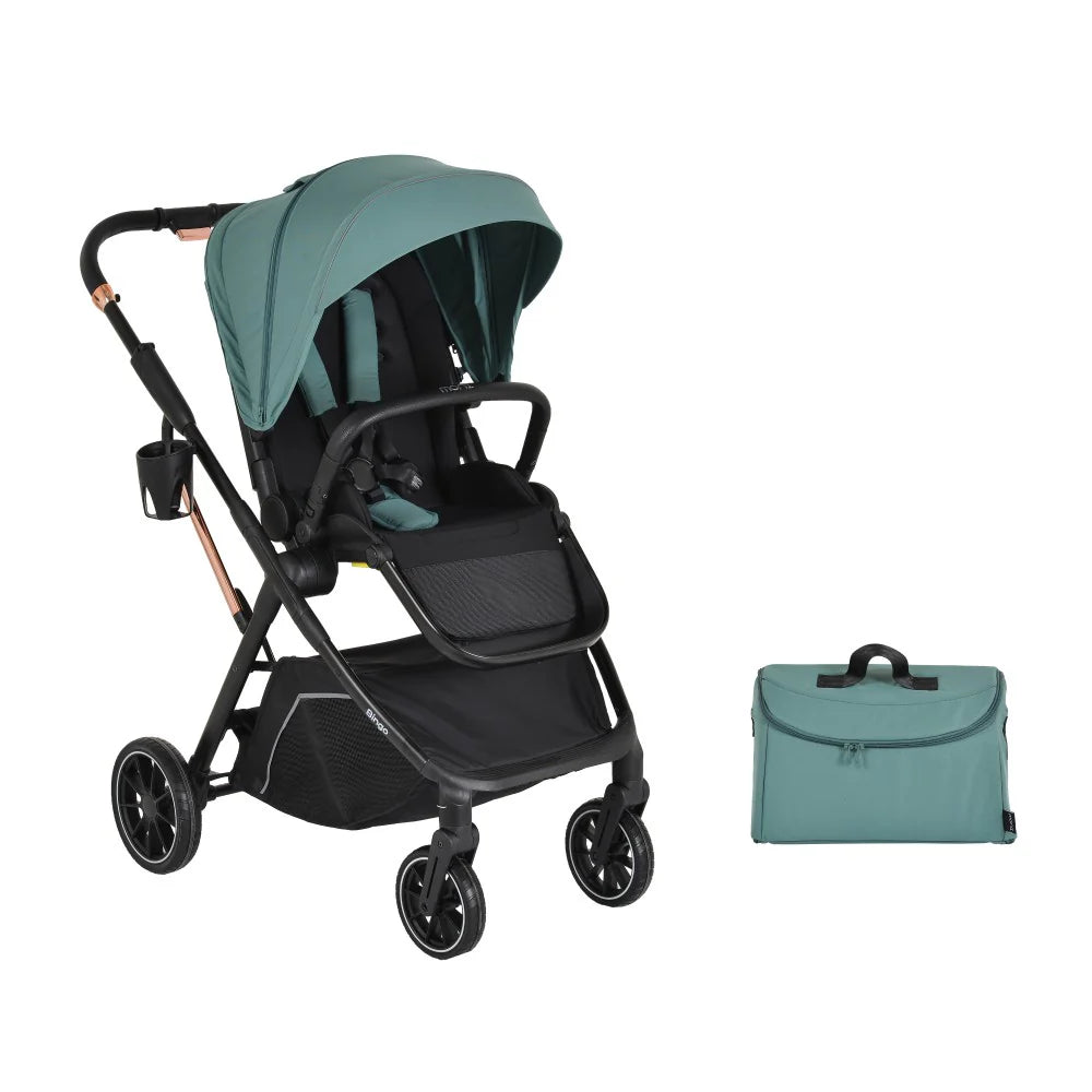 PASSEGGINO MONI BINGO FRONTE MAMMA E FRONTE STRADA CON COPRIGAMBE, ZAINO E PORTA BIBERON OMOLOGATO 0/22KG VERDE