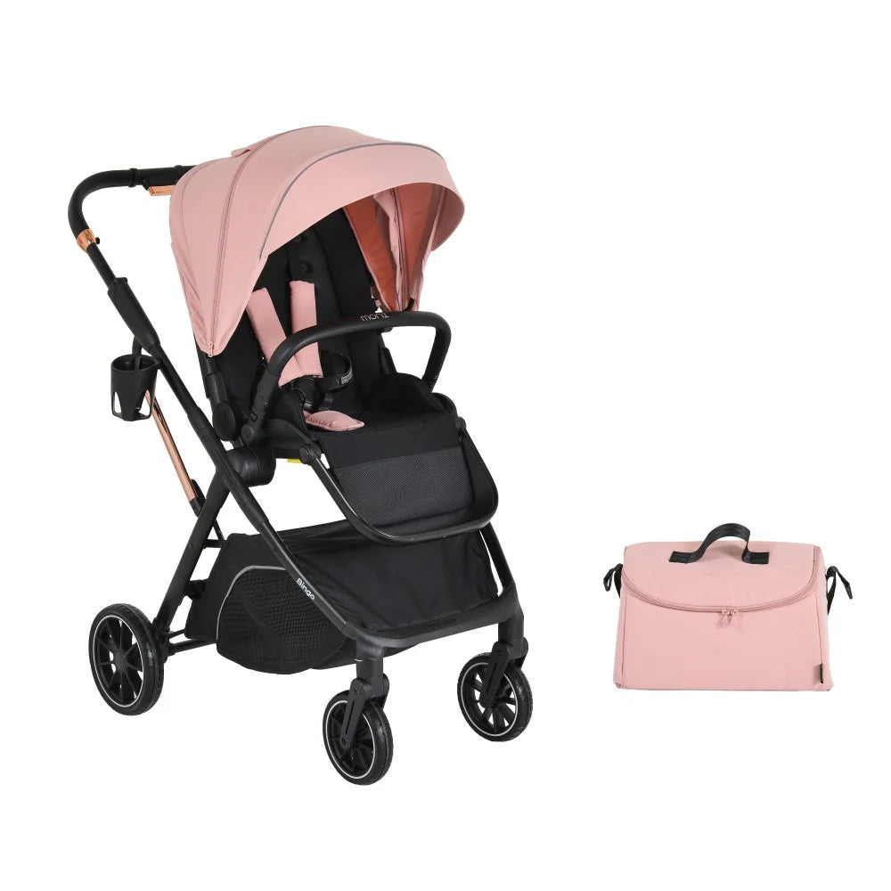 PASSEGGINO MONI BINGO FRONTE MAMMA E FRONTE STRADA CON COPRIGAMBE, ZAINO E PORTA BIBERON OMOLOGATO 0/22KG ROSA