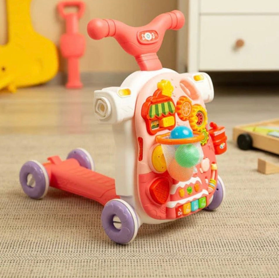 Moni Toys Giocattolo Evolutivo 5 in 1 – Cavalcabile, Dondolo, Girello, Balance Bike e Tavolo Attività ROSA