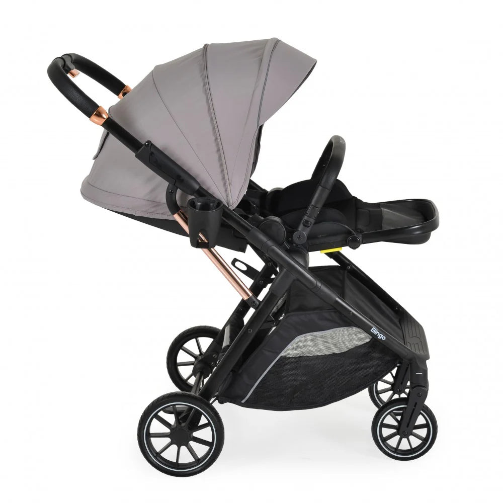 PASSEGGINO MONI BINGO FRONTE MAMMA E FRONTE STRADA CON COPRIGAMBE, ZAINO E PORTA BIBERON OMOLOGATO 0/22KG GRIGIO