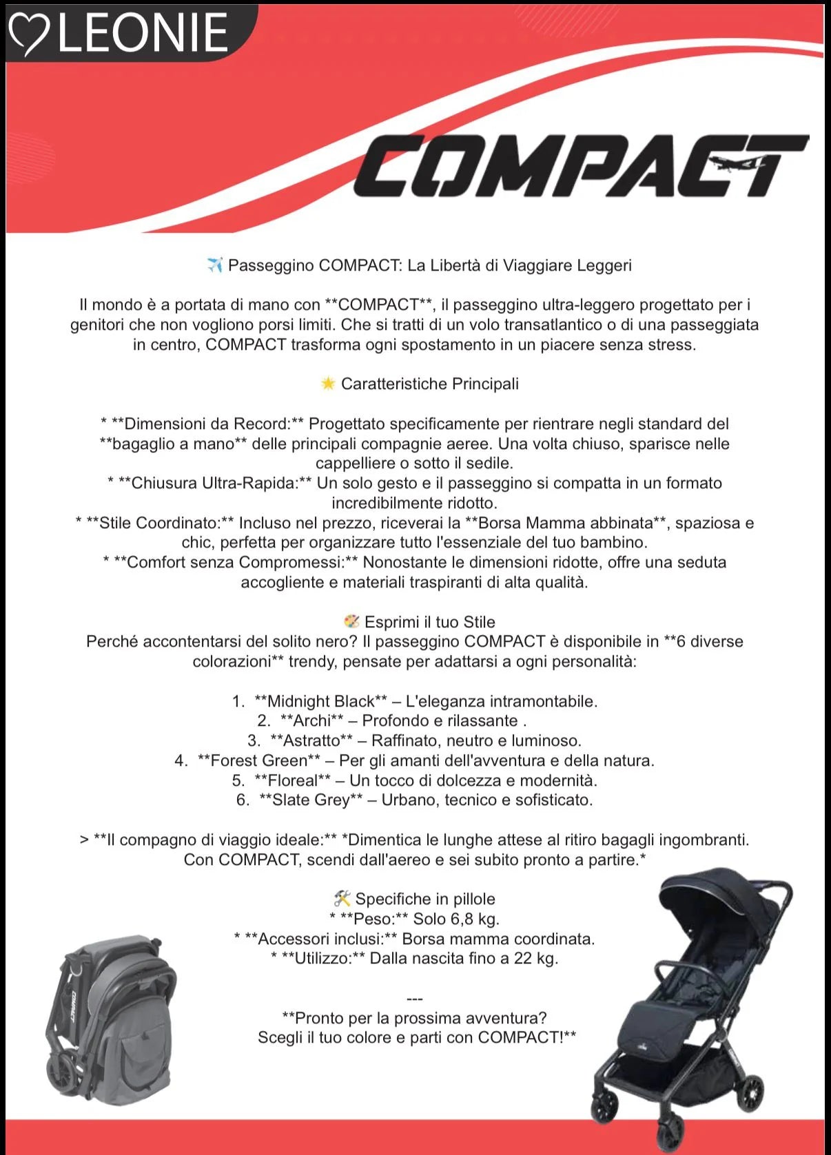 PASSEGGINO LEGGERO LEONIE COMPACT CON BORSA, BAGAGLIO A MANO IN AEREO, NERO