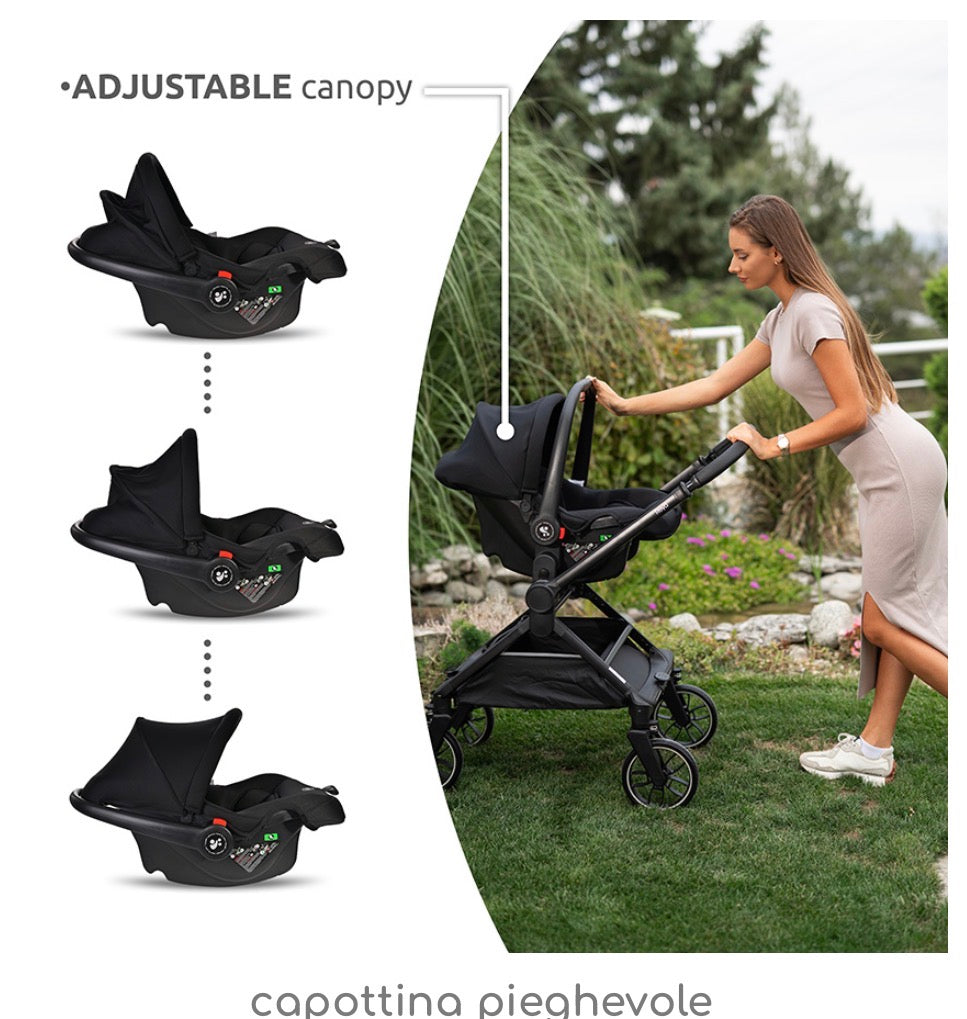 Carrozzina combinata REYA 3in1 con maniglia reversibile NERO