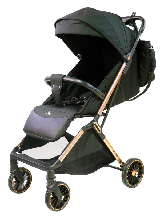 PASSEGGINO LEGGERO LEONIE SAMBA CHIUSURA AUTOMATICA COMPLETO DI BORSA OMOLOGATO 0/22KG NERO TELAIO ORO