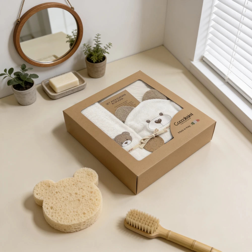 Box regalo neonato Teddy (accappatoio triangolo, asciugamano ricamato e mussola multiuso.)