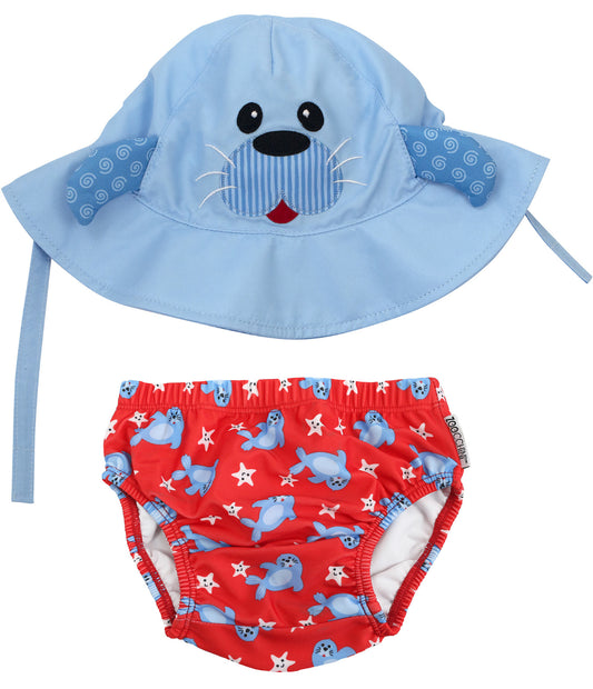 Set Baby Costumino Contenitivo + Cappellino - Foca - UPF 50+ taglia 6/12