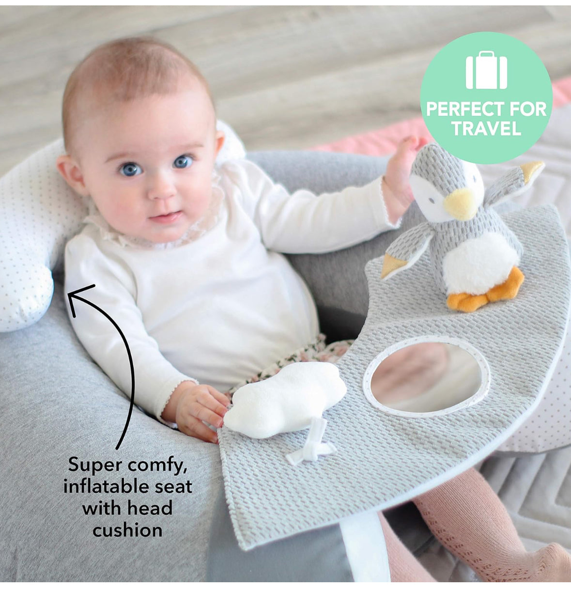 Seggiolino per bambini Nuby Penguin Sit-Me-Up. Sedile gonfiabile Sit & Play con vassoio e giocattoli per bambini