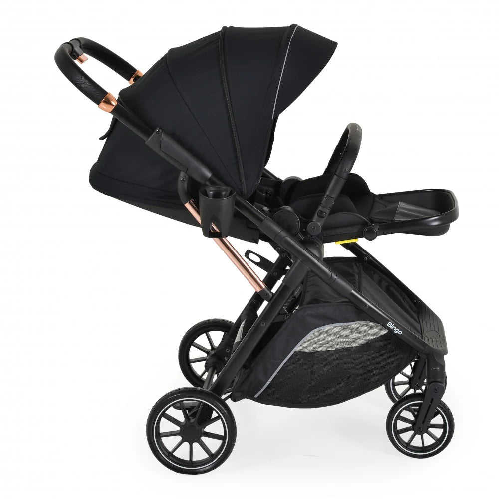 PASSEGGINO MONI BINGO FRONTE MAMMA E FRONTE STRADA CON COPRIGAMBE, ZAINO E PORTA BIBERON OMOLOGATO 0/22KG NERO